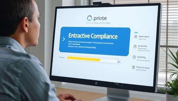An image of an employee engaging in an interactive compliance training module on a computer screen, with a progress bar and quiz questions, demonstrating the engaging and informative nature of the legal compliance training program.
