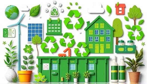 A vibrant collage of eco-friendly symbols and sustainable business practices such as solar panels, recycling bins, green buildings, and plant-based products, representing the holistic approach of EcoBiz Solutions in promoting environmental sustainability for small businesses.