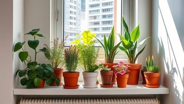 An urban apartment setting with a vibrant array of potted plants on a sunny windowsill, showcasing the beauty and practicality of indoor urban gardening.