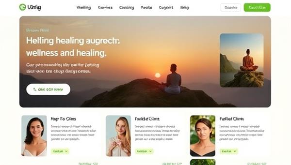 An online platform interface showcasing diverse healing services and practitioners, with calming visuals and testimonials from satisfied clients, highlighting a holistic and personalized approach to wellness and healing.