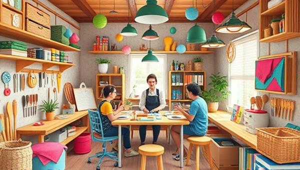 A colorful and cozy virtual crafting studio adorned with various crafting tools, materials, and finished DIY projects, with a skilled artisan guiding a workshop session surrounded by enthusiastic participants, creating a warm and inspiring creative atmosphere.