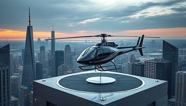 A sleek and futuristic image of a helicopter landing on a rooftop helipad in a modern city skyline, showcasing the convenience and sophistication of urban air transportation with SkyHop.