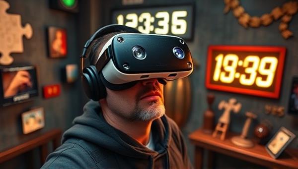 An exciting virtual reality escape room scenario showing a player wearing a VR headset, surrounded by digital puzzles and mysterious settings, with a timer ticking down in the background, creating a sense of urgency and excitement.