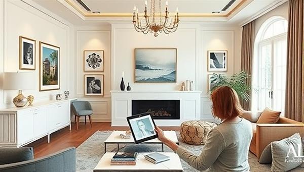 An elegant virtual living room design with 3D renderings, mood boards, and a professional designer providing virtual consultations on a tablet, surrounded by stylish furniture and decor elements, showcasing creativity and visual appeal.