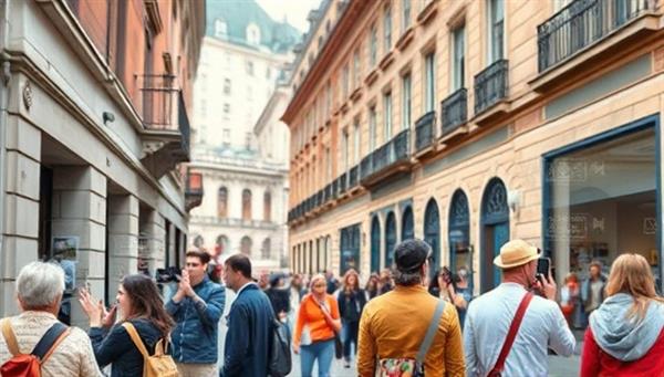 A group of tour participants exploring a historic city street, with AR overlays highlighting hidden stories and interactive elements, creating a blend of past and present in a visually captivating setting.