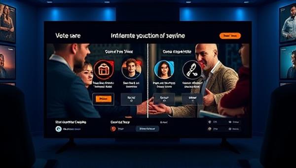 An interactive movie streaming platform interface showcasing a split-screen with multiple choices for viewers to vote on, influencing the direction of the storyline, with engaging visuals and dynamic content options, highlighting the interactive viewing experience.