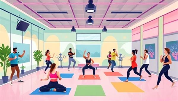 An energetic illustration of a virtual fitness studio with vibrant workout spaces, diverse trainers leading classes, and avatars of participants engaging in various fitness activities, highlighting the interactive and engaging nature of the live streaming platform.