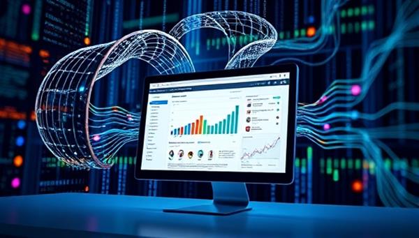 An artistic representation of data streams flowing into a computer screen displaying a website design dashboard, with colorful charts, graphs, and user personas blending into the design elements, illustrating the synergy between data analytics and personalized web design in DataCraft