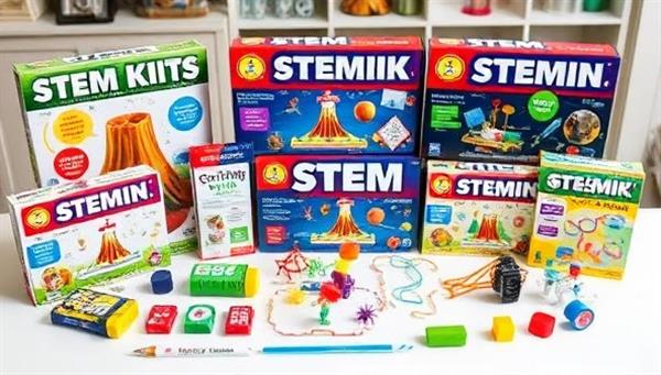 An array of colorful STEM kits arranged on a table, showcasing various experiments like building a mini volcano, creating a simple circuit, and constructing a miniature robot, evoking a sense of wonder and innovation in young minds.