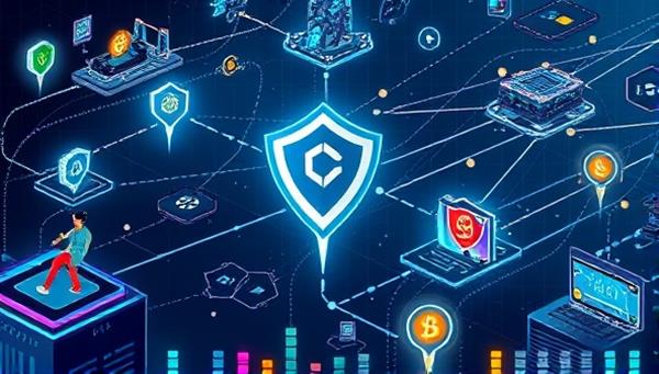 An artistic representation of a futuristic gaming world interconnected with blockchain technology, showcasing digital assets and cryptocurrency rewards flowing between players and games, illustrating the innovative and decentralized nature of CryptoQuest Rewards.
