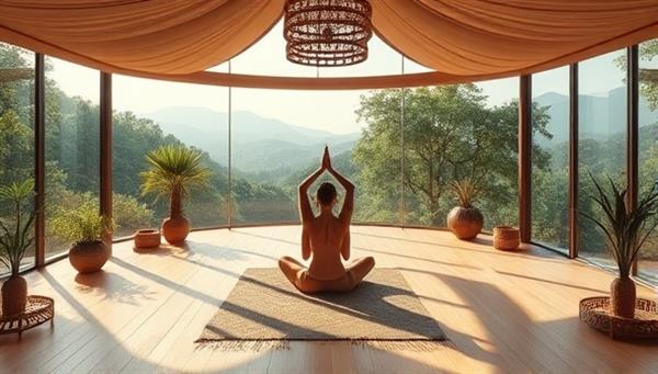 An immersive visual depiction of a virtual wellness retreat setting with serene nature scenes, virtual yoga sessions, and mindfulness workshops, creating a tranquil and rejuvenating atmosphere for participants to engage in holistic wellness practices and self-care activities.