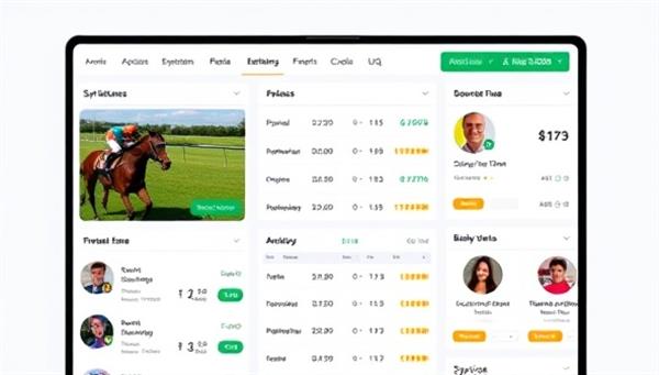 A digital platform interface displaying horse racing events, betting odds, and syndicate member profiles, creating a collaborative and engaging environment for horse racing enthusiasts to participate in strategic betting through Stable Syndicate