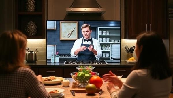 An interactive virtual cooking class scene featuring a chef demonstrating a recipe onscreen, with participants following along from their home kitchens, showcasing the engaging and educational experience provided by Culinary Connect.
