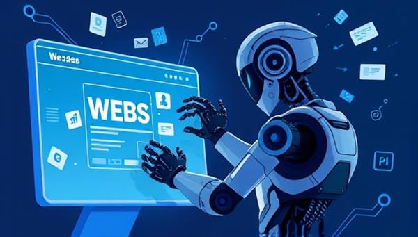 An illustration of a futuristic robot constructing a website on a digital screen, with various design elements floating around, symbolizing the AI-powered website creation process.