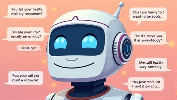An artistic representation of a chatbot interface with emotive expressions, providing supportive messages and mental health resources to a user, conveying empathy and technological mental health assistance.