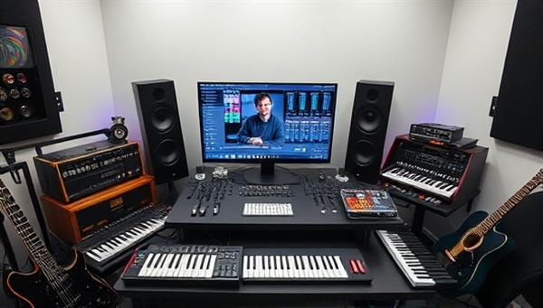 An engaging virtual music studio setup with a music producer demonstrating production techniques on a computer screen, surrounded by musical instruments, MIDI controllers, and sound equipment, creating an immersive and creative space for music enthusiasts to learn and create.