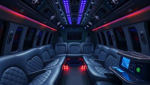 A luxurious shuttle interior with plush seating, ambient lighting, and personalized amenities, showcasing comfort and exclusivity for passengers.
