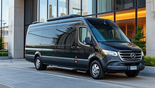 An elegant black luxury shuttle with a chauffeur waiting at a pristine corporate office entrance, showcasing the sophisticated and exclusive transportation experience provided by CommuteCare Concierge.