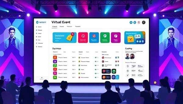 A sleek and modern digital interface displaying a virtual event dashboard with drag-and-drop tools for event customization, surrounded by colorful event banners and participant avatars, creating an immersive and dynamic setting.