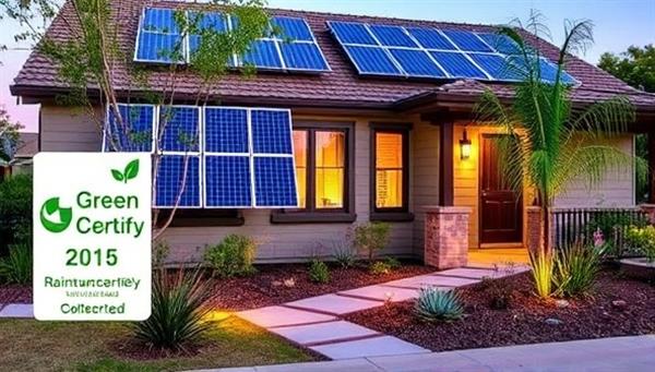 An eco-friendly property exterior featuring solar panels, rainwater harvesting systems, native landscaping, and energy-efficient lighting, showcasing the visual appeal and environmental benefits of GreenCertify sustainability certification.