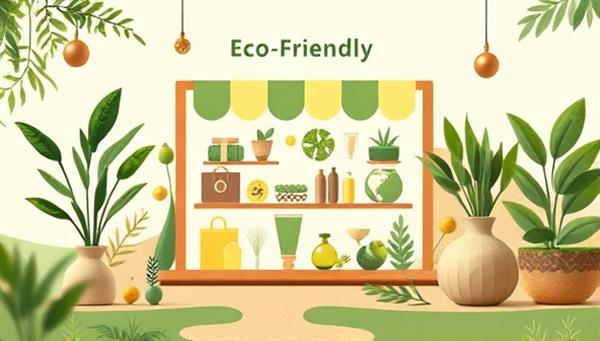 An artistic representation of an online eco-friendly marketplace, featuring a digital platform showcasing a variety of sustainable products, organic materials, and eco-conscious brands, surrounded by greenery and earthy tones, conveying a message of environmental stewardship and conscious living.