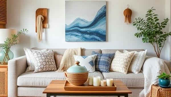 A cozy home setting adorned with artisanal textiles, handcrafted ceramics, fragrant candles, and botanical accents from a Crafted Comforts Crate, exuding warmth and elegance while highlighting the artisanal home goods subscription service