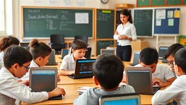 An educational setting with students using tablets and laptops to interact with the BrainBoost AI platform, receiving instant feedback and adaptive lesson plans, while a teacher looks on approvingly, highlighting the seamless integration of technology and personalized learning in education.