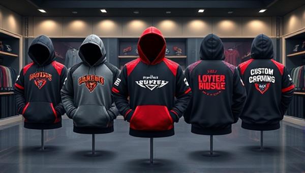 An artistic representation of custom esports apparel designs, featuring a lineup of personalized jerseys, hoodies, and hats with intricate team logos, player names, and vibrant colors, displayed in a professional and sleek virtual showroom setting, showcasing the premium quality and customization options offered by Elite Threads.