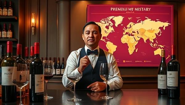 An elegant setting with a sommelier presenting a virtual wine tasting session, surrounded by wine bottles, tasting glasses, and a virtual map displaying different wine regions, exuding sophistication and a premium wine experience.