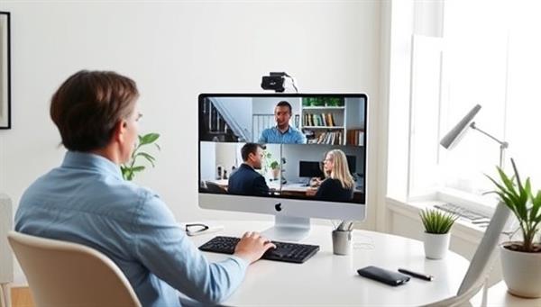An image of a candidate in a home office setup, confidently engaging in a virtual interview with a professional coach providing feedback on a split-screen, highlighting the remote coaching experience of RemoteInterviewPro.
