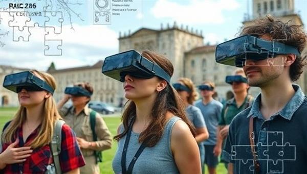 An outdoor scene showcasing a group of participants wearing AR glasses, exploring a historical site with digital overlays, interactive puzzles, and hidden clues revealed through the augmented reality interface, creating a captivating blend of virtual and physical worlds.
