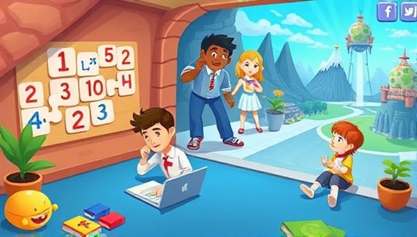 An educational gaming scene with animated characters solving puzzles, taking quizzes, and exploring virtual learning worlds, highlighting the fun and interactive nature of the gamified online learning platform.