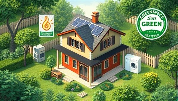 An artistic representation of a green-certified property surrounded by lush vegetation, solar panels on the roof, and energy-efficient appliances, illustrating the eco-friendly features and sustainability initiatives recognized by GreenSpace Certified.