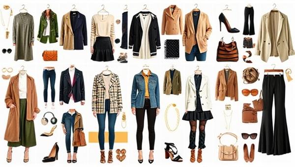 An array of stylish fashion ensembles and accessories displayed in a digital lookbook format, showcasing the virtual styling expertise and diverse fashion options available through the styling consultation service.