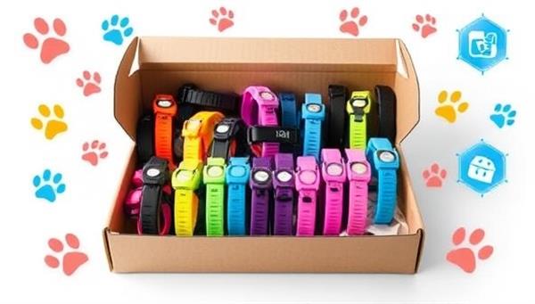 An array of colorful pet wearable devices displayed in a sleek packaging box, surrounded by paw prints and futuristic tech symbols, creating an enticing and innovative image for PawTech Subscriptions.