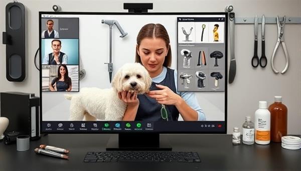 A virtual grooming consultation setup featuring a groomer demonstrating brushing techniques on a pet model via video call, with grooming tools and grooming products displayed in the background, illustrating expertise and practical guidance.