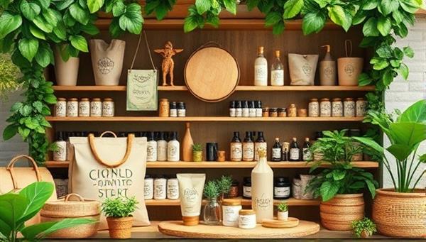 A digital eco-friendly marketplace showcasing a variety of sustainable products, from reusable items and zero-waste essentials to organic skincare and eco-conscious fashion, surrounded by leafy green accents and earthy tones, reflecting a harmonious and environmentally friendly shopping experience.