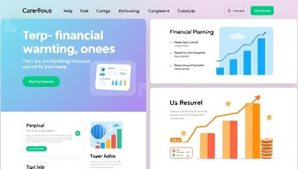 A modern and sleek website interface showcasing various financial planning tools and resources, with vibrant graphics illustrating financial growth and success, creating an aspirational and motivating atmosphere.