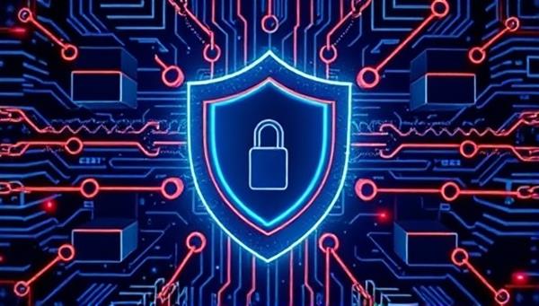 An abstract representation of blockchain technology securing a website, with interconnected blocks and chains forming a protective shield around the digital platform, symbolizing the robust security offered by ChainWeb Solutions