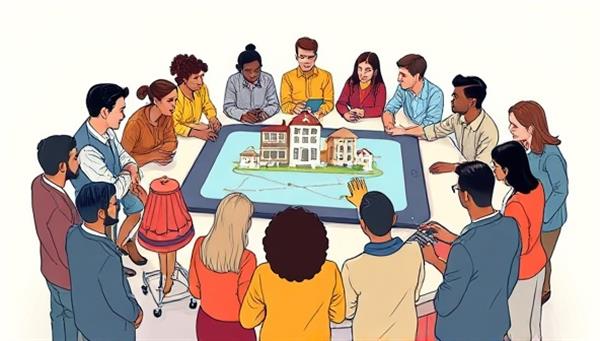 An illustration of diverse community members gathering around a digital platform displaying real estate investment opportunities, engaging in discussions, and exchanging ideas, symbolizing collaboration, diversity, and shared financial growth within CommuniInvest.