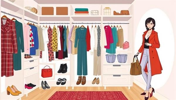 An artistic depiction of a digital closet filled with stylish clothing options, accessories, and shoe collections, accompanied by a virtual stylist providing fashion advice and outfit suggestions, blending creativity with practicality in the world of StyleCrafters.