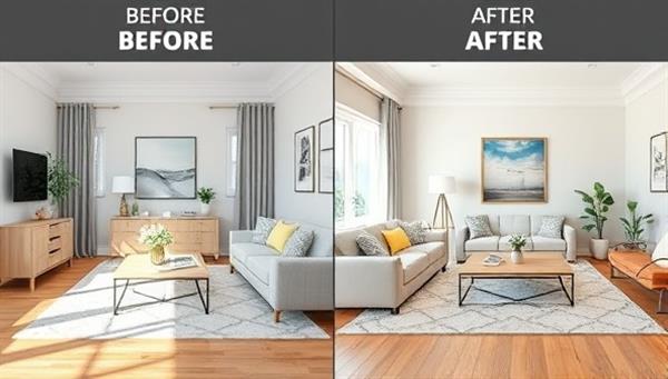 An aesthetically pleasing virtual room design showcase with before-and-after images, featuring a transformed living space with stylish decor, furniture arrangements, and color schemes, highlighting the impact of virtual interior design consultations.