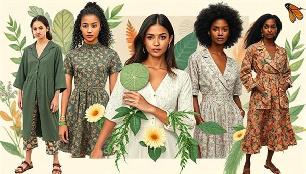 An aesthetically pleasing digital collage featuring sustainable fashion pieces, eco-friendly fabrics, nature-inspired motifs, and diverse models showcasing ethical fashion styles, conveying a message of sustainability and style fusion.