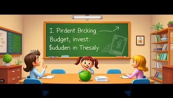 A vibrant and engaging online classroom setting with animated characters learning about budgeting, investing, and saving money in a fun and interactive way, representing the innovative approach to financial education.