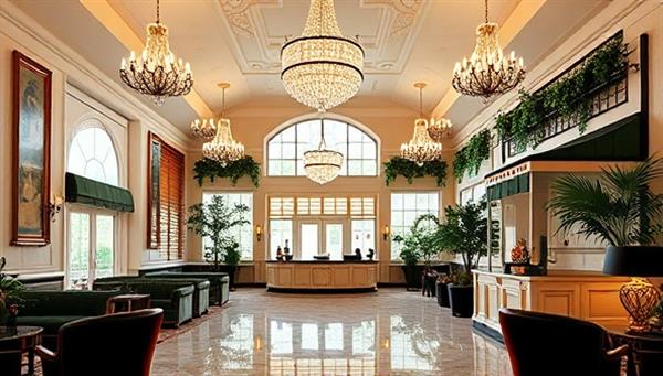 An elegant pet hotel lobby with chandeliers, velvet furnishings, and a concierge desk, showcasing a luxurious space for pets to relax and enjoy premium amenities, surrounded by lush greenery and tasteful decor, embodying the lavish experience at PawsPalace Retreat.