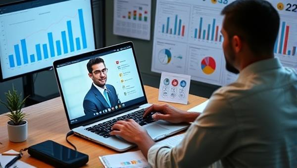 A virtual CFO working remotely on a laptop, engaging in a video call with a team, surrounded by financial reports and graphs, symbolizing strategic financial guidance and virtual collaboration in the digital age.