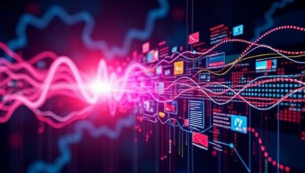 An abstract representation of AI algorithms at work, showing digital data streams converging and transforming into curated content pieces, symbolizing the power of AI-Blend in content curation.