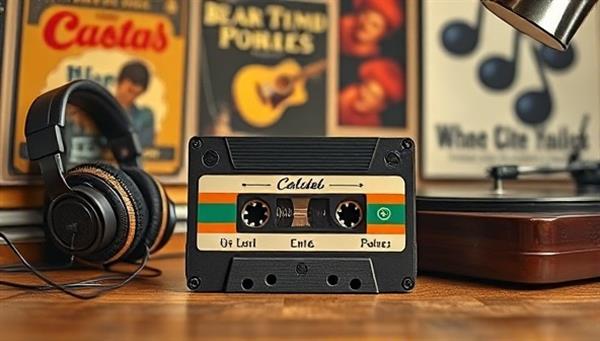 An image of a retro-inspired cassette tape with a personalized label, surrounded by vintage music posters and a cozy listening setup with headphones and a record player, invoking a sense of nostalgia and musical charm.