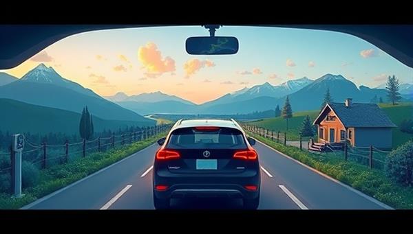An immersive digital illustration showing an electric vehicle driving through scenic landscapes, passing by charging stations and eco-friendly accommodations, with a roadmap and travel essentials displayed, evoking a sense of sustainable adventure and exploration.