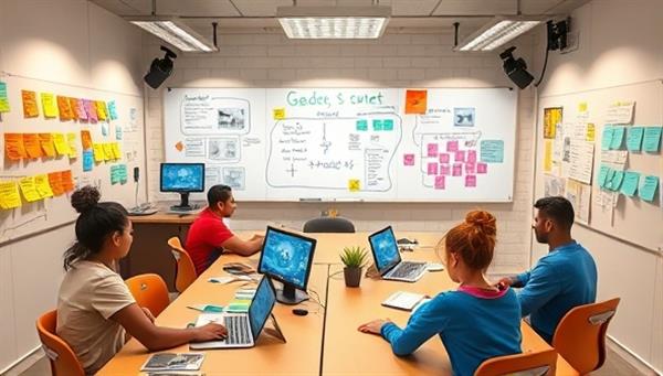 An inspiring visual of a virtual classroom environment where students are engaged in creating game assets and coding scripts, with virtual whiteboards filled with game design concepts and colorful post-it notes, fostering a collaborative and creative learning atmosphere.